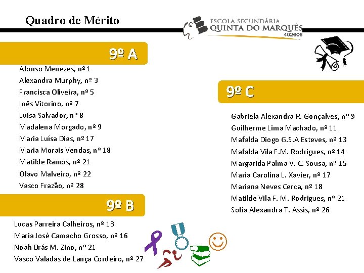 Quadro de Mérito 9º A Afonso Menezes, nº 1 Alexandra Murphy, nº 3 Francisca