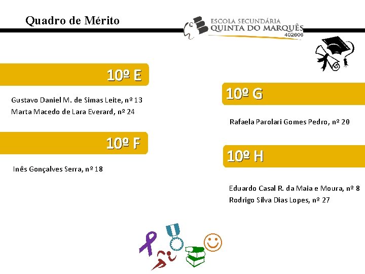 Quadro de Mérito 10º E 10º G Gustavo Daniel M. de Simas Leite, nº