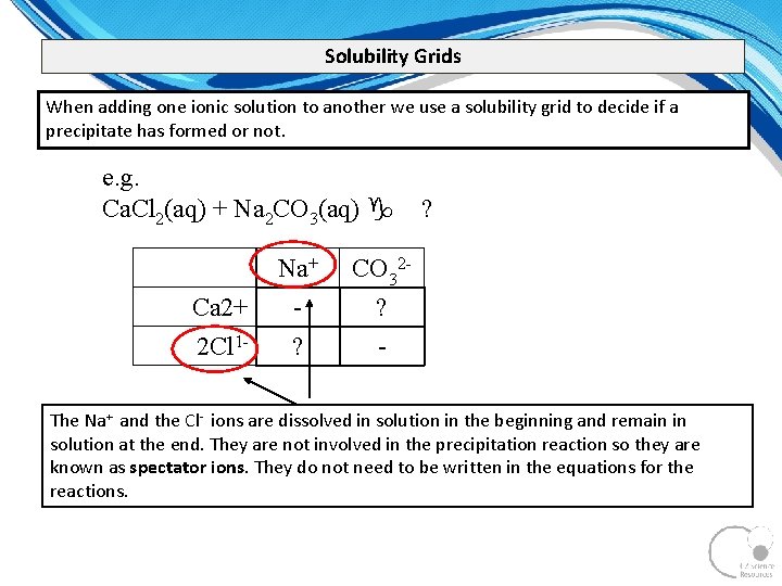 Solubility Grids When adding one ionic solution to another we use a solubility grid