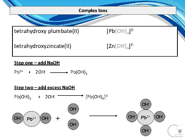 Complex Ions tetrahydroxy plumbate(II) [Pb(OH)4]2 tetrahydroxyzincate(II) [Zn(OH)4]2 Step one – add Na. OH Pb