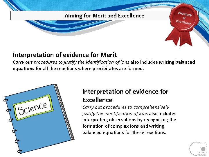 Aiming for Merit and Excellence Interpretation of evidence for Merit Carry out procedures to