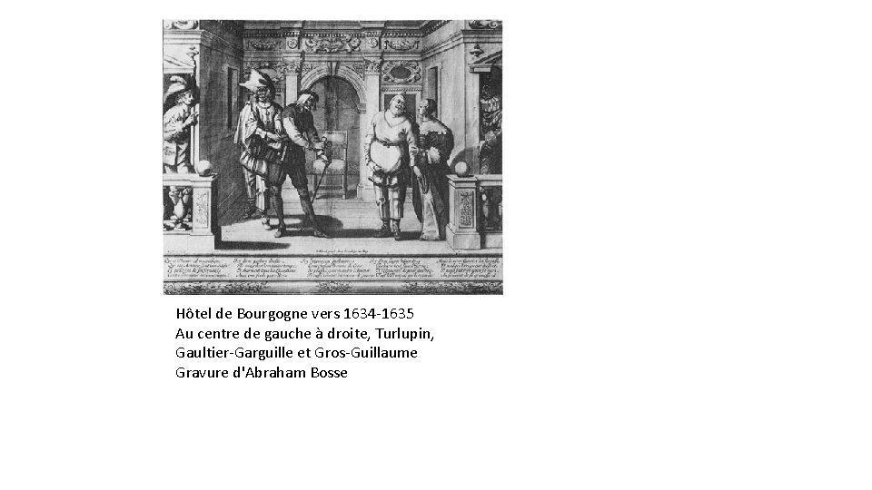 Hôtel de Bourgogne vers 1634 -1635 Au centre de gauche à droite, Turlupin, Gaultier-Garguille