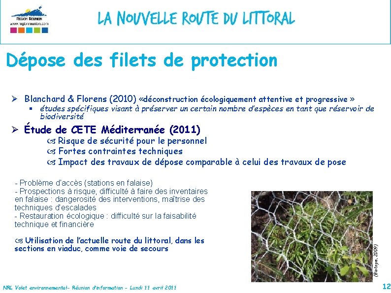 Dépose des filets de protection Ø Blanchard & Florens (2010) «déconstruction écologiquement attentive et