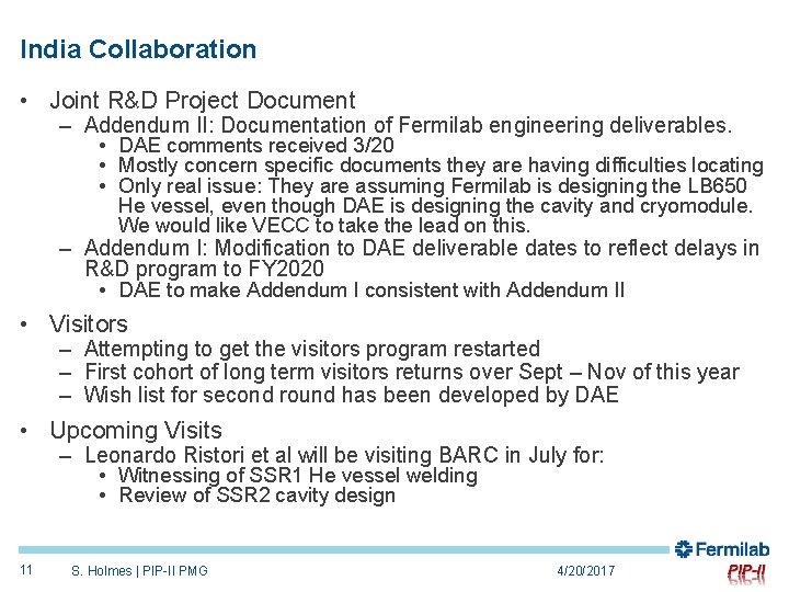 India Collaboration • Joint R&D Project Document – Addendum II: Documentation of Fermilab engineering