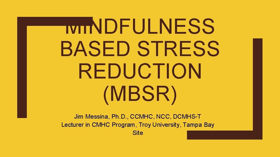 MINDFULNESS BASED STRESS REDUCTION (MBSR) Jim Messina, Ph. D. , CCMHC, NCC, DCMHS-T Lecturer