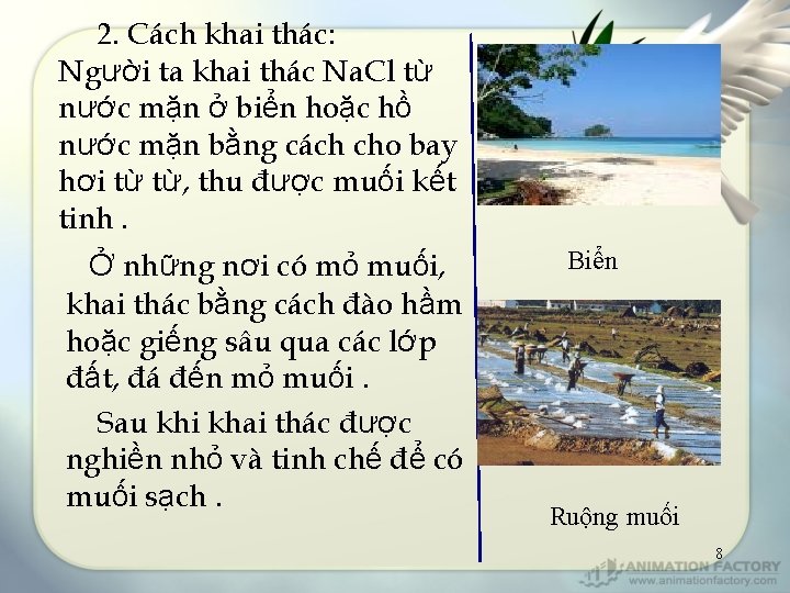 2. Cách khai thác: Người ta khai thác Na. Cl từ nước mặn ở