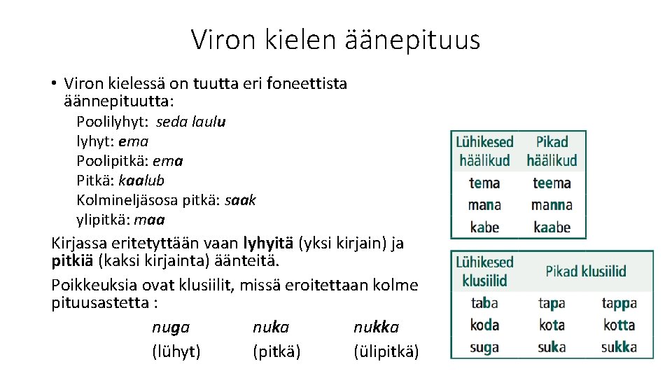 Viron kielen äänepituus • Viron kielessä on tuutta eri foneettista äännepituutta: Poolilyhyt: seda laulu