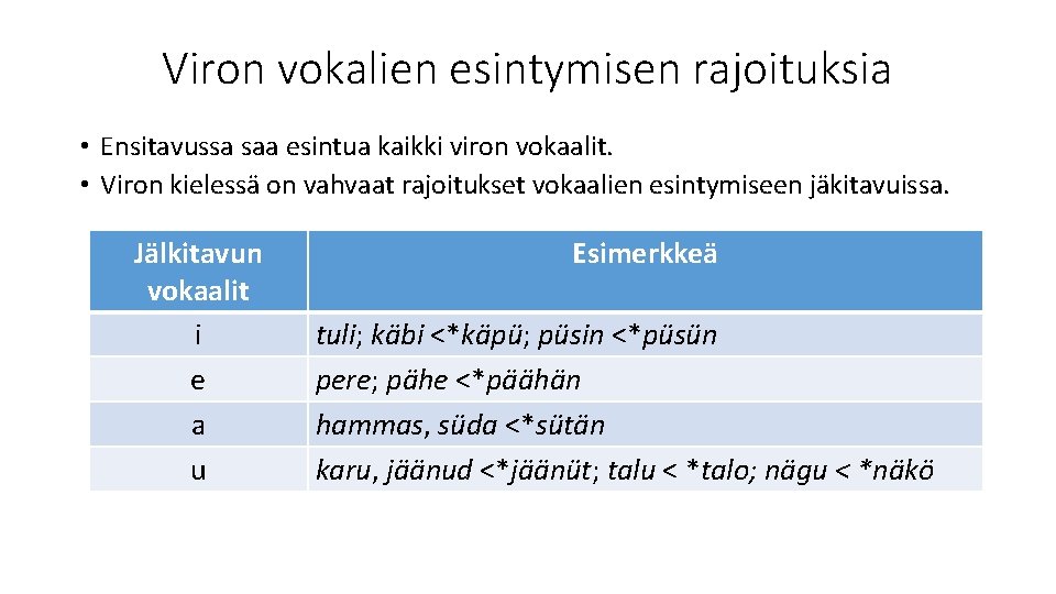Viron vokalien esintymisen rajoituksia • Ensitavussa saa esintua kaikki viron vokaalit. • Viron kielessä