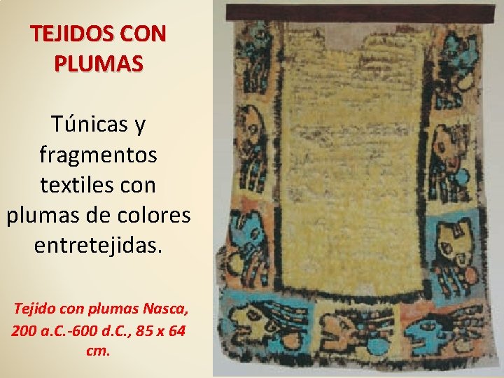 TEJIDOS CON PLUMAS Túnicas y fragmentos textiles con plumas de colores entretejidas. Tejido con