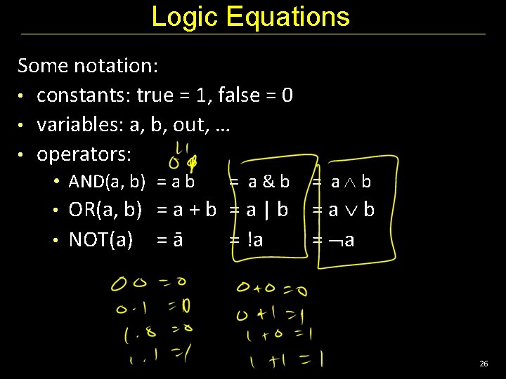 Logic Equations Some notation: • constants: true = 1, false = 0 • variables: Logic Equations Some notation: • constants: true = 1, false = 0 • variables: