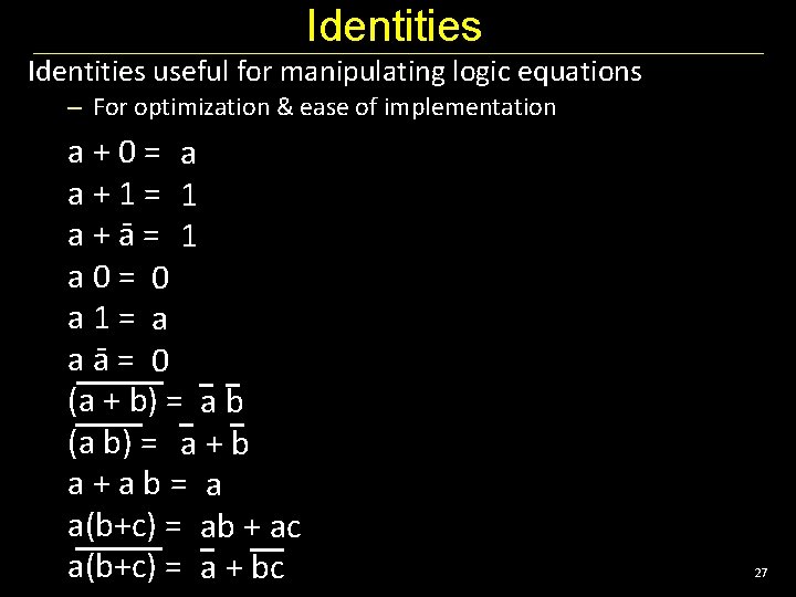 Identities useful for manipulating logic equations – For optimization & ease of implementation a+0=