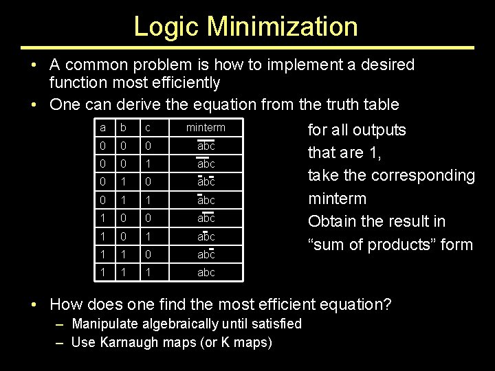 Logic Minimization • A common problem is how to implement a desired function most