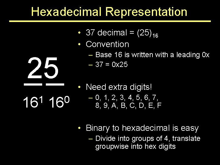 Hexadecimal Representation • 37 decimal = (25)16 • Convention 25 161 160 – Base