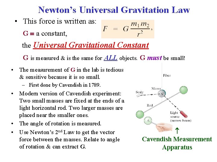 Newton’s Universal Gravitation Law • This force is written as: G a constant, the