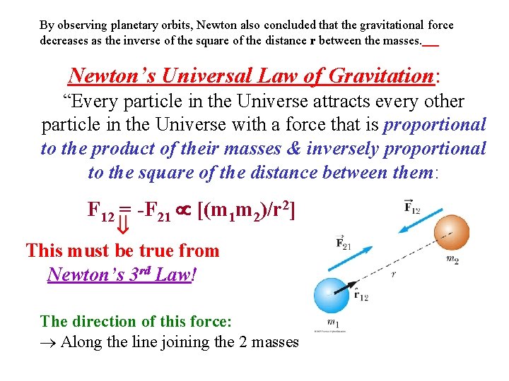 By observing planetary orbits, Newton also concluded that the gravitational force decreases as the
