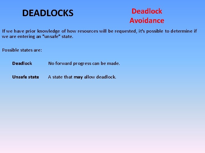 DEADLOCKS Deadlock Avoidance If we have prior knowledge of how resources will be requested,