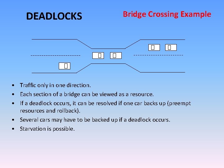 DEADLOCKS Bridge Crossing Example • Traffic only in one direction. • Each section of