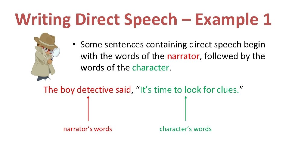Writing Direct Speech – Example 1 • Some sentences containing direct speech begin with