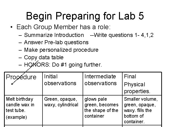 Begin Preparing for Lab 5 • Each Group Member has a role: – –