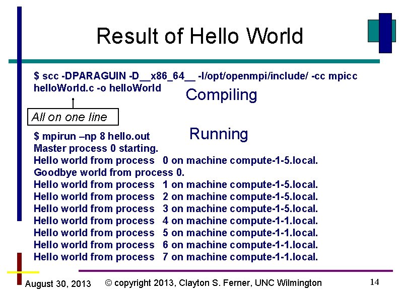 Result of Hello World $ scc -DPARAGUIN -D__x 86_64__ -I/opt/openmpi/include/ -cc mpicc hello. World.