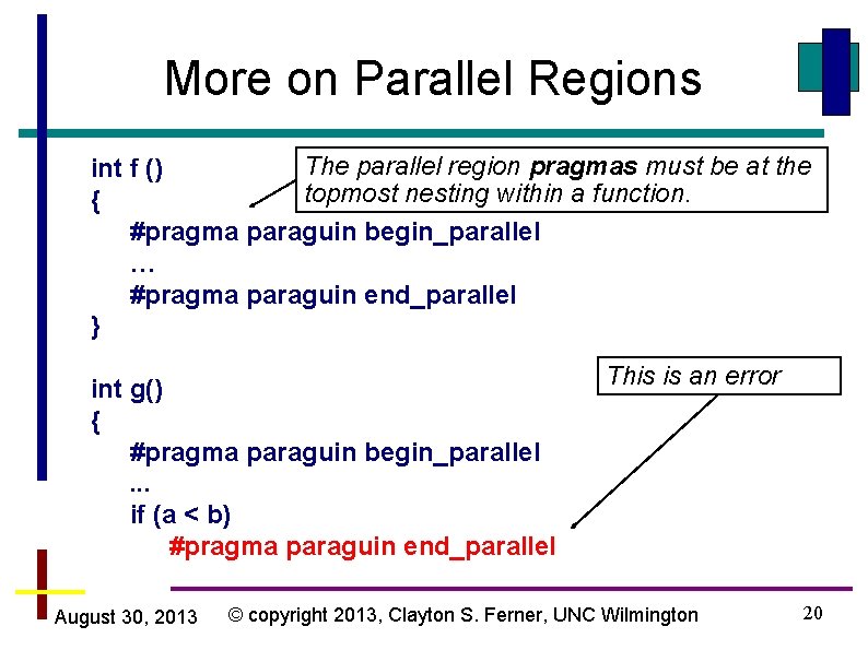 More on Parallel Regions The parallel region pragmas must be at the int f