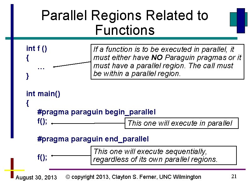 Parallel Regions Related to Functions int f () { … } If a function