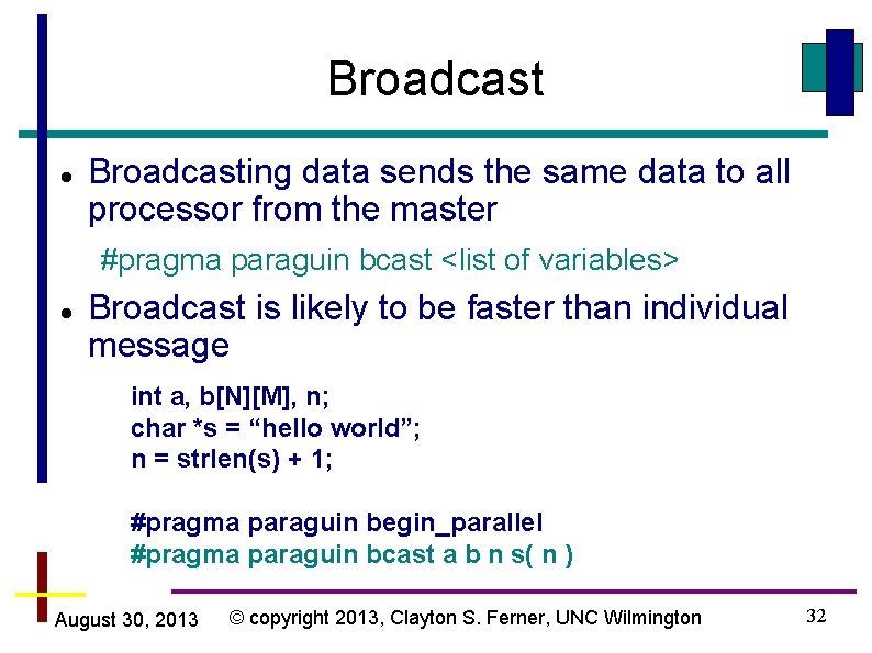 Broadcast Broadcasting data sends the same data to all processor from the master #pragma