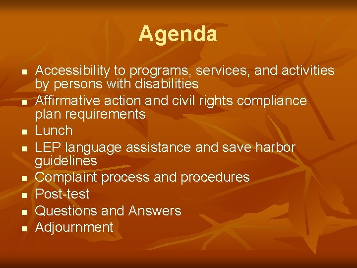 Agenda n n n n Accessibility to programs, services, and activities by persons with