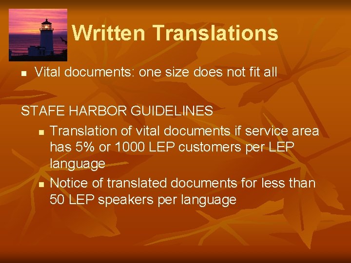 Written Translations n Vital documents: one size does not fit all STAFE HARBOR GUIDELINES