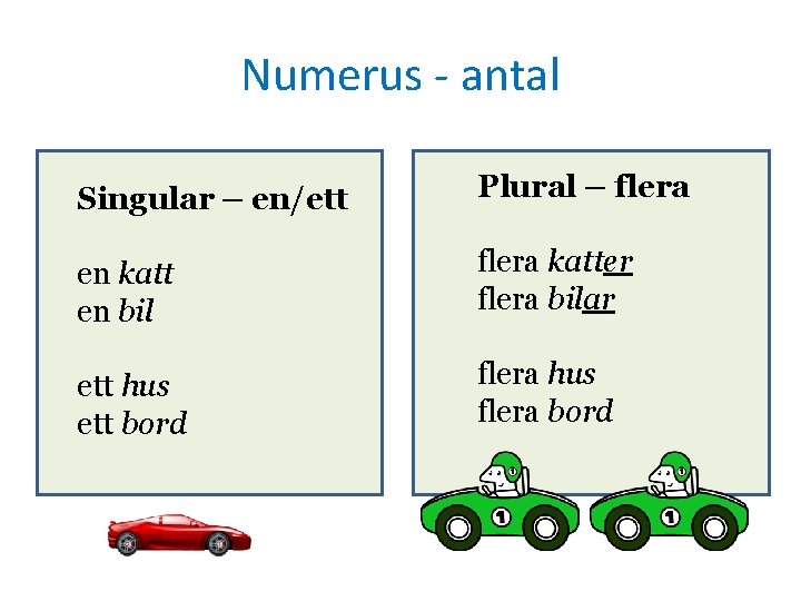 Numerus - antal Singular – en/ett Plural – flera en katt en bil flera