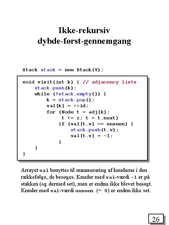Ikke-rekursiv dybde-først-gennemgang Stack stack = new Stack(V); void visit(int k) { // adjacency lists