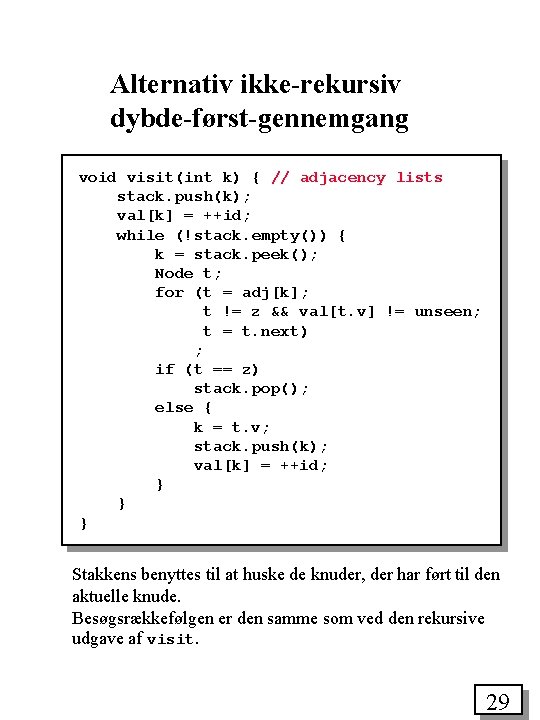 Alternativ ikke-rekursiv dybde-først-gennemgang void visit(int k) { // adjacency lists stack. push(k); val[k] =