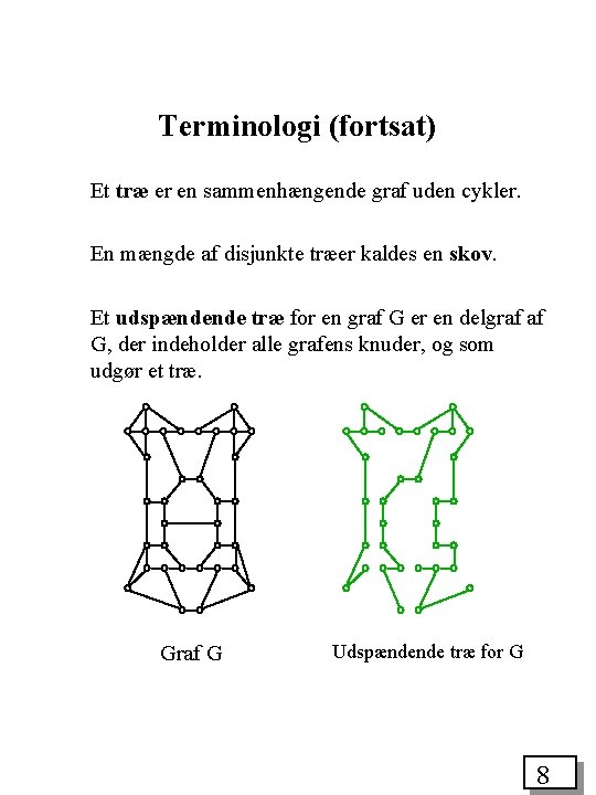 Terminologi (fortsat) Et træ er en sammenhængende graf uden cykler. En mængde af disjunkte