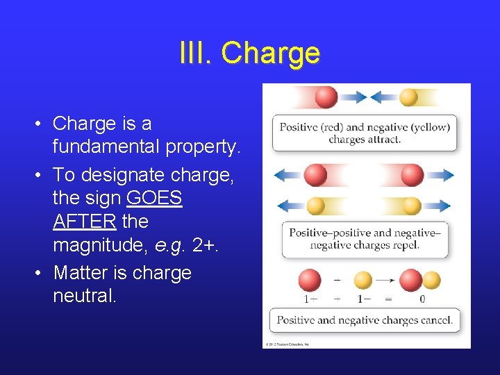 III. Charge • Charge is a fundamental property. • To designate charge, the sign