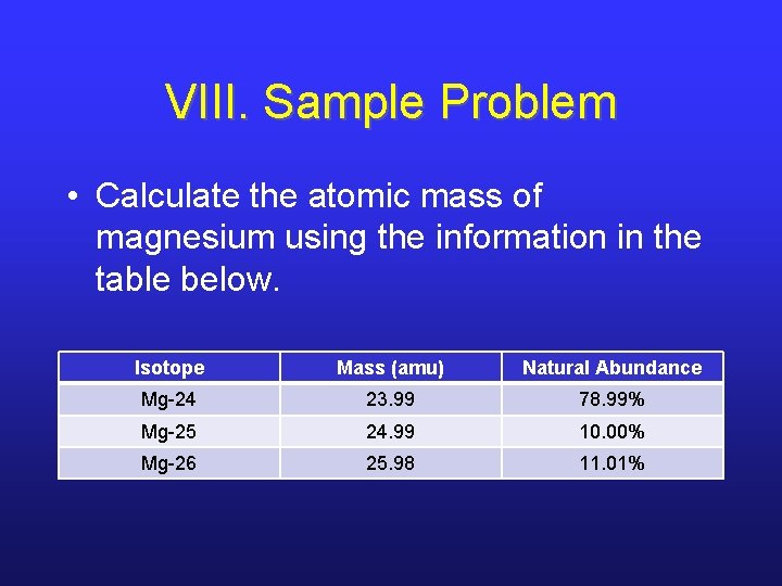 VIII. Sample Problem • Calculate the atomic mass of magnesium using the information in