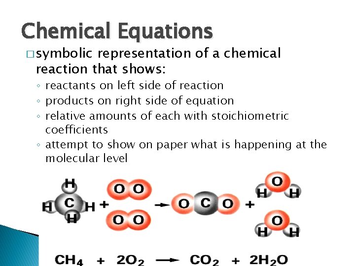 Chemical Equations � symbolic representation of a chemical reaction that shows: ◦ reactants on