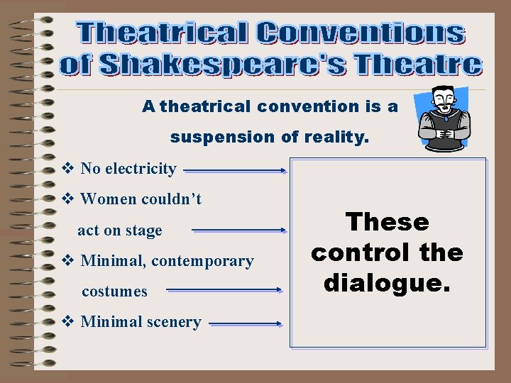 A theatrical convention is a suspension of reality. v No electricity v Women couldn’t