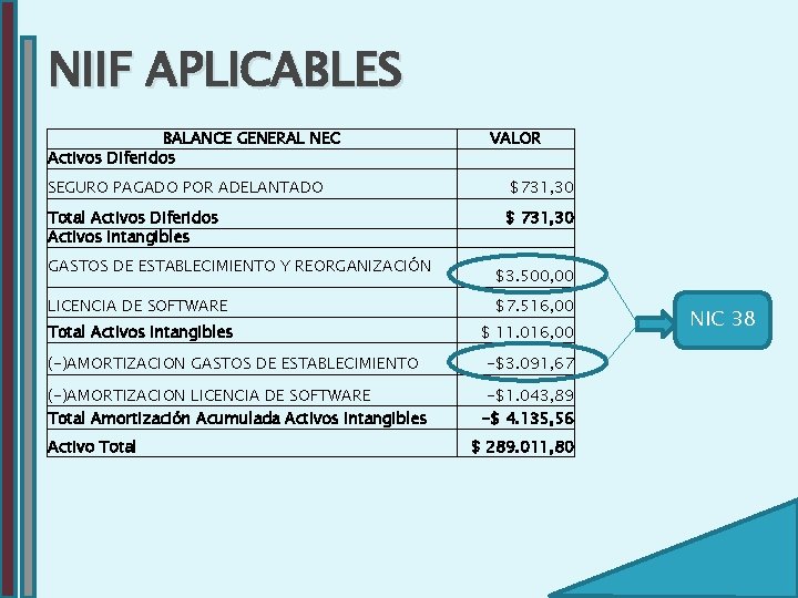 NIIF APLICABLES BALANCE GENERAL NEC Activos Diferidos SEGURO PAGADO POR ADELANTADO Total Activos Diferidos