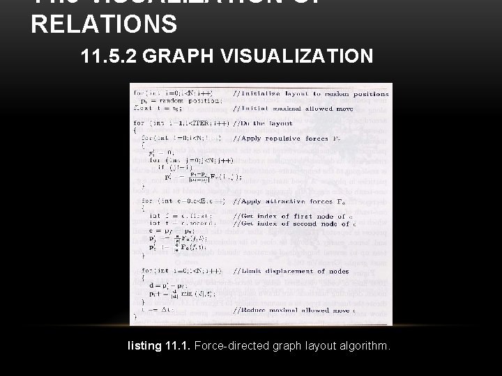 11. 5 VISUALIZATION OF RELATIONS 11. 5. 2 GRAPH VISUALIZATION listing 11. 1. Force-directed