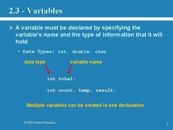 2. 3 - Variables Ø A variable must be declared by specifying the variable's