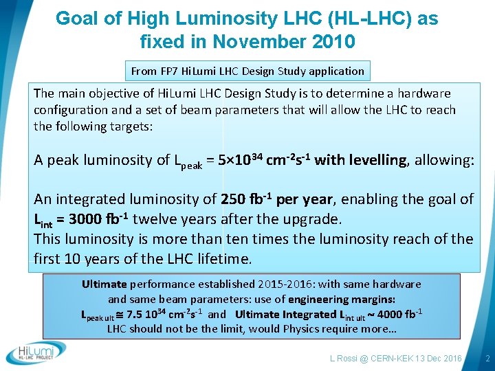 Goal of High Luminosity LHC (HL-LHC) as fixed in November 2010 From FP 7