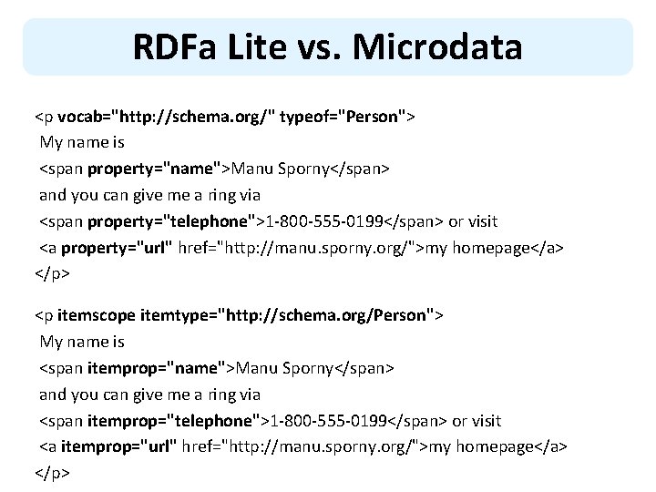 RDFa Lite vs. Microdata <p vocab="http: //schema. org/" typeof="Person"> My name is <span property="name">Manu