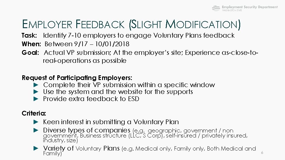 EMPLOYER FEEDBACK (SLIGHT MODIFICATION) Task: Identify 7 -10 employers to engage Voluntary Plans feedback