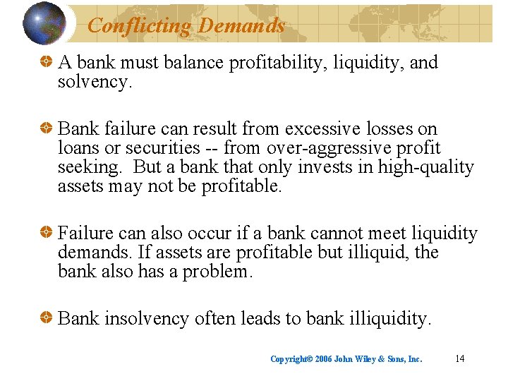 Conflicting Demands A bank must balance profitability, liquidity, and solvency. Bank failure can result