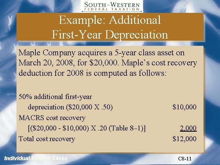 Example: Additional First-Year Depreciation Maple Company acquires a 5 -year class asset on March