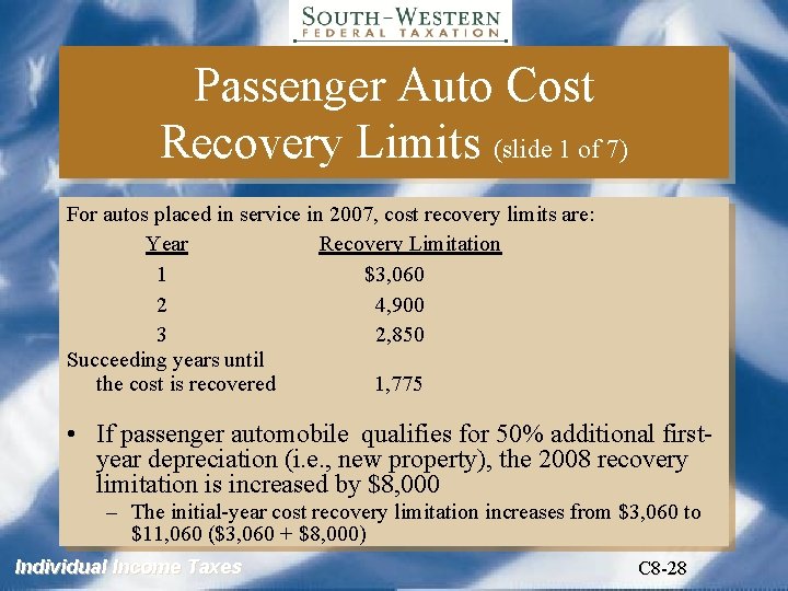 Passenger Auto Cost Recovery Limits (slide 1 of 7) For autos placed in service