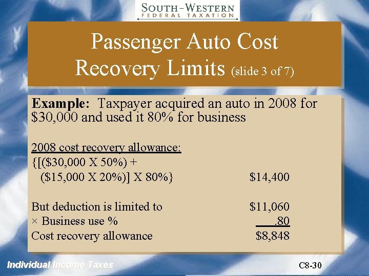 Passenger Auto Cost Recovery Limits (slide 3 of 7) Example: Taxpayer acquired an auto