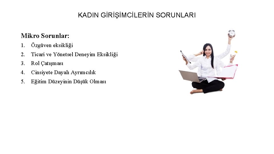 KADIN GİRİŞİMCİLERİN SORUNLARI Mikro Sorunlar: 1. Özgüven eksikliği 2. Ticari ve Yönetsel Deneyim Eksikliği