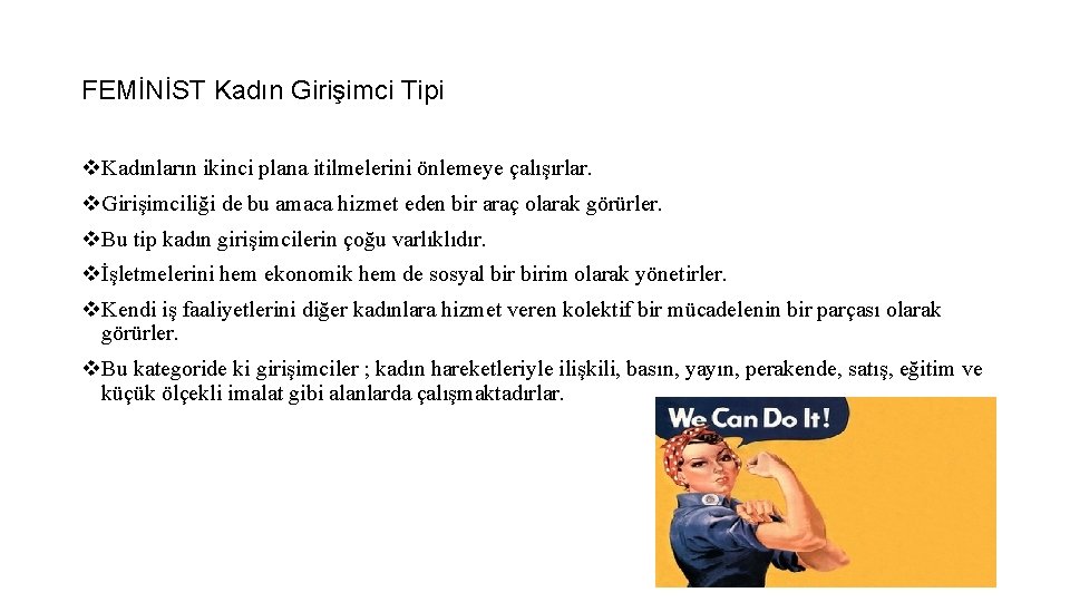 FEMİNİST Kadın Girişimci Tipi v. Kadınların ikinci plana itilmelerini önlemeye çalışırlar. v. Girişimciliği de