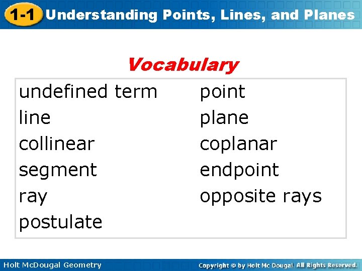 1 -1 Understanding Points, Lines, and Planes Vocabulary undefined term line collinear segment ray
